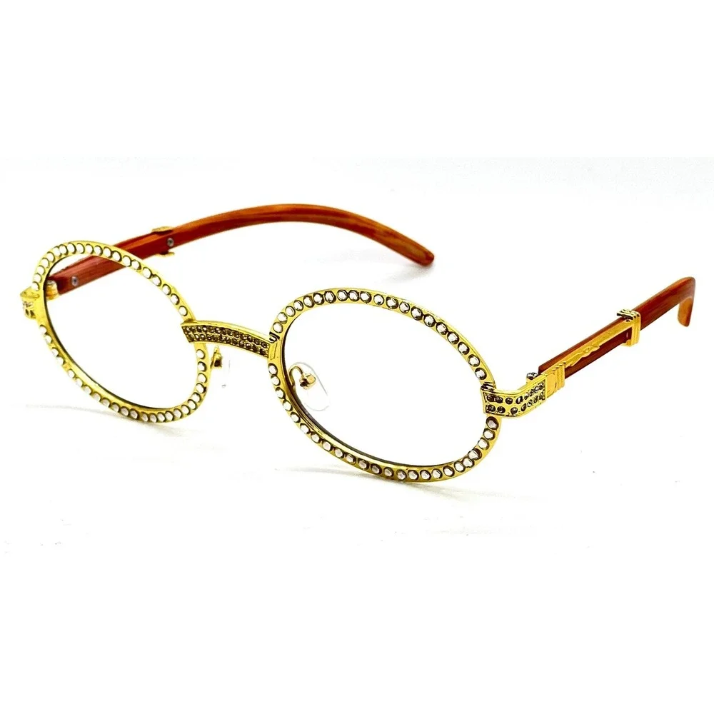 Sunglasses Round Frame Wood Arm Gold Metal Fashion Shades Elegant Gang Style New